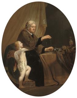 Pieter de Grebber - An old woman weighing gold, Cupid by her side