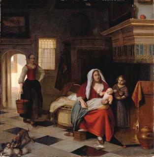 Pieter de Hooch - A mother and baby in an interior with a young girl and a maid