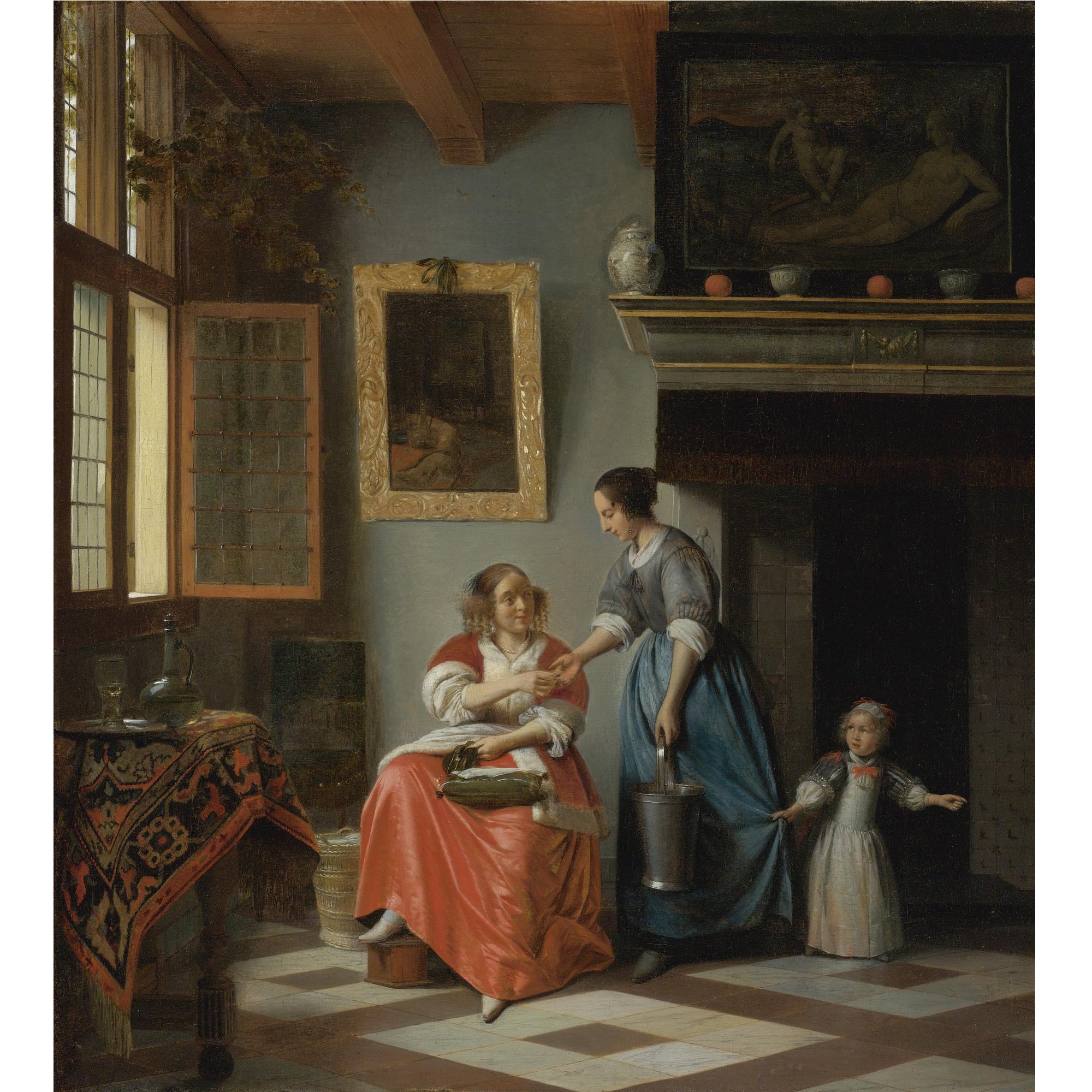 Pieter De Hooch - A Woman Handing A Coin To A Serving Woman With A Child