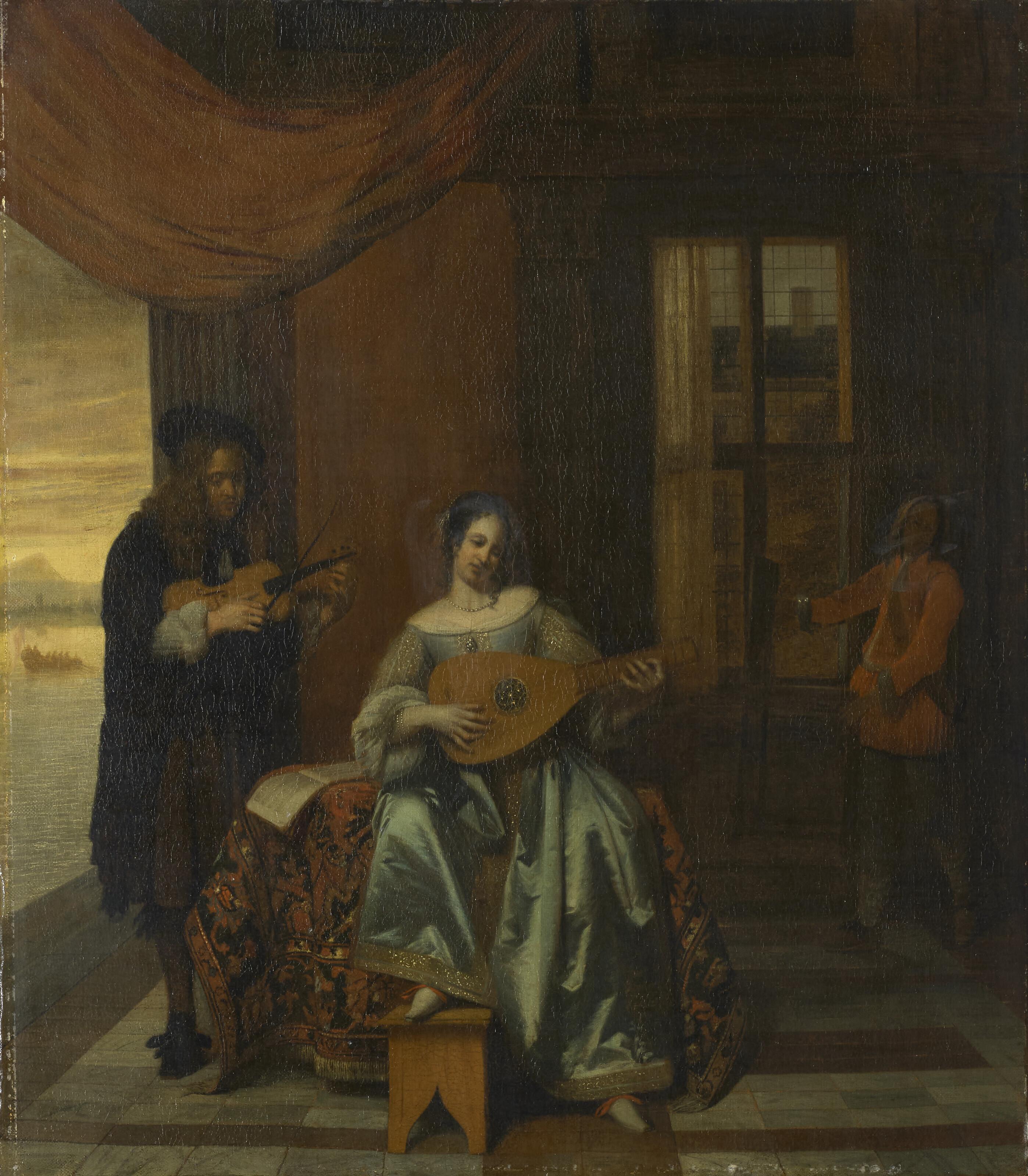 Pieter de Hooch - An interior scene with a woman playing a lute and a man playing a violin