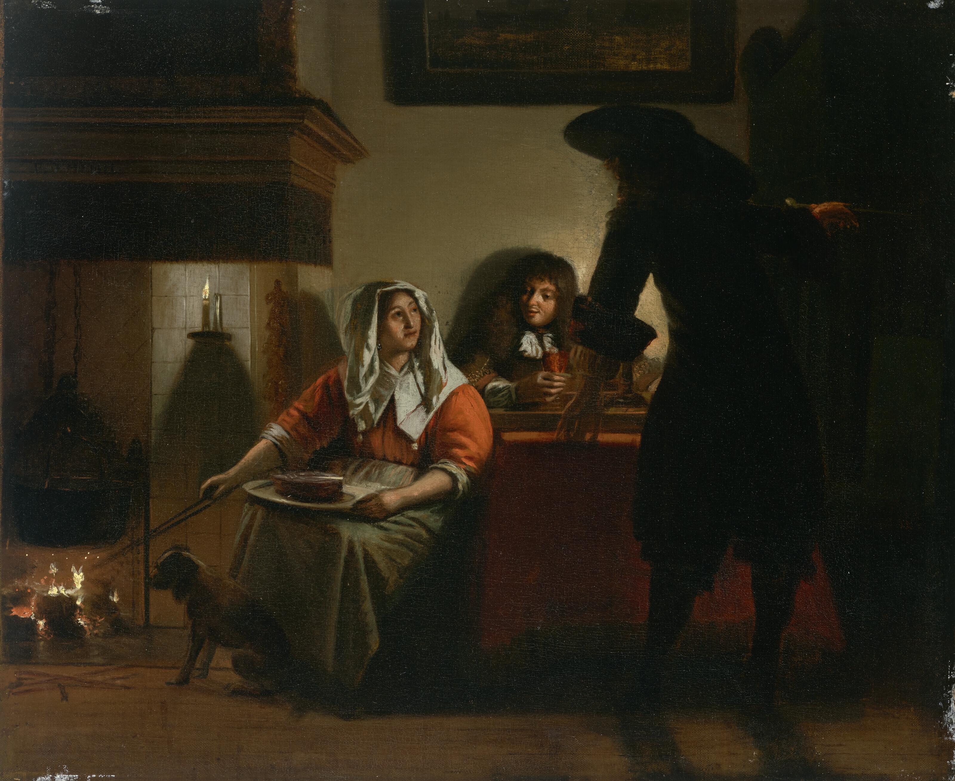 Pieter De Hooch - An interior with two gentlemen and a woman beside a fire