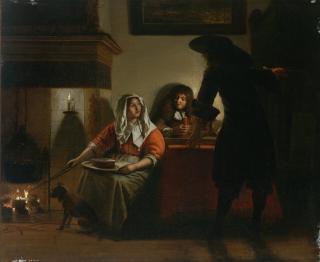 Pieter De Hooch - An interior with two gentlemen and a woman beside a fire