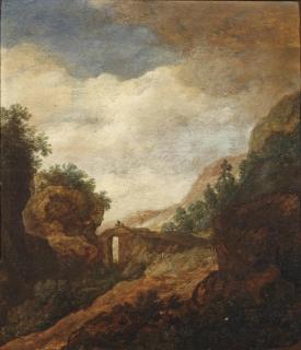 Pieter de Molijn - A landscape with a horse rider on a bridge
