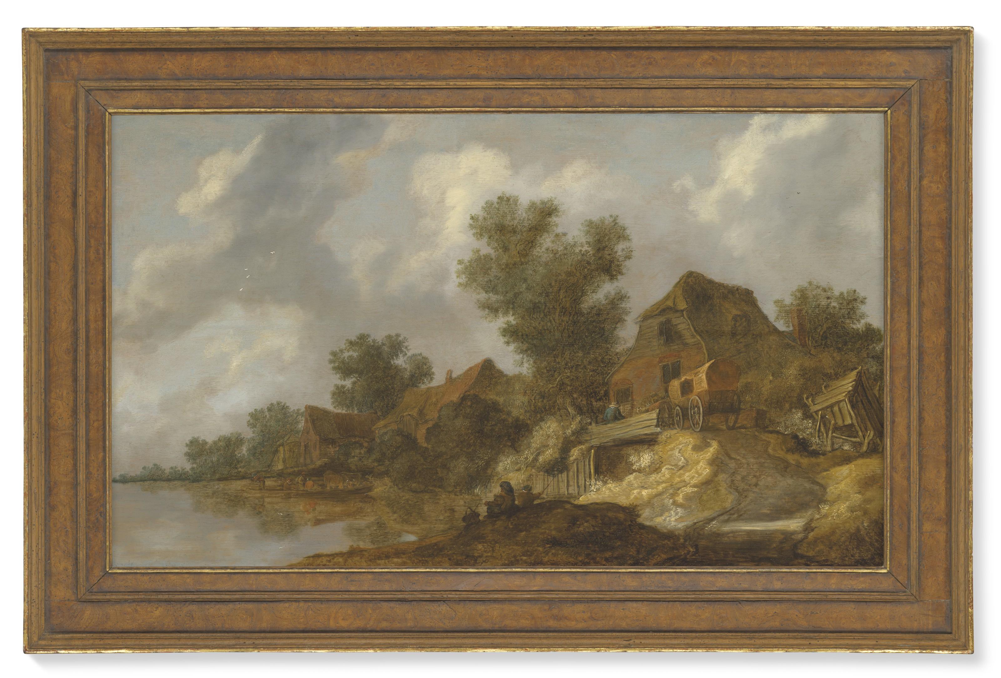 Pieter De Molijn - A river landscape with a ferry and fisherfolk, a carriage on a bridge near houses to the right