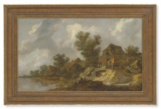 Pieter De Molijn - A river landscape with a ferry and fisherfolk, a carriage on a bridge near houses to the right