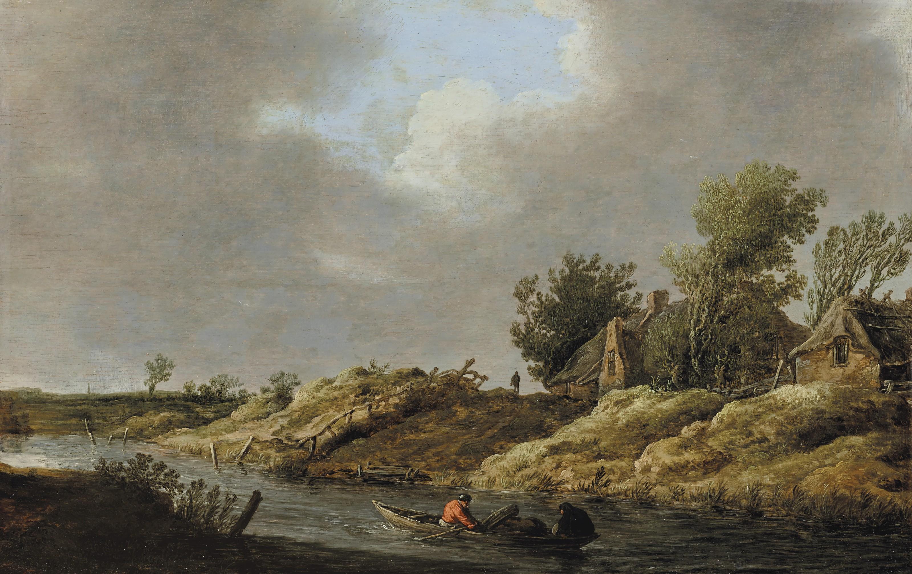 Pieter De Molijn - A river landscape with rowers in the foreground