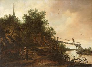 Pieter De Molijn - A Riverside Village With A Figure Crossing A Wooden Bridge