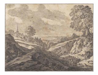 Pieter de Molijn - A village in a wooded landscape, travellers on a path in the foreground