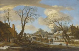 Pieter De Molijn - A winter village landscape with peasants on a frozen waterway