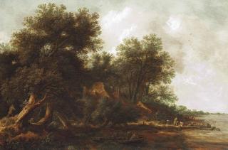 Pieter De Molijn - A wooded river landscape with fishermen on boats and other figures