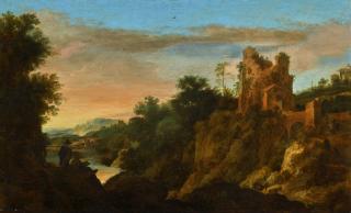 Pieter De Molijn - Italianate Mountain Landscape At Sunset With A Draughtsman, A Ruined Building Beyond