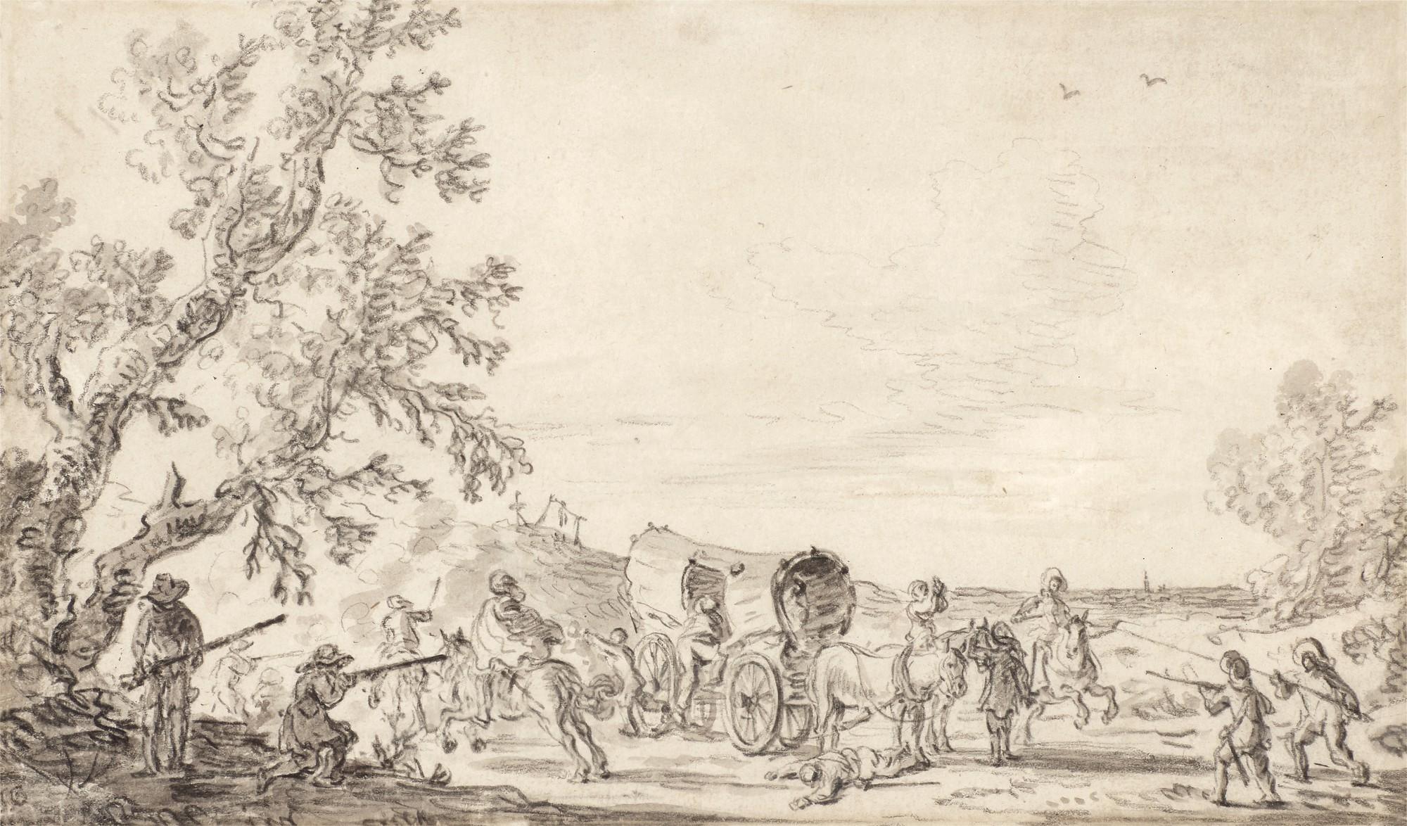 Pieter de Molijn - Landscape with a waggon being attacked by brigands