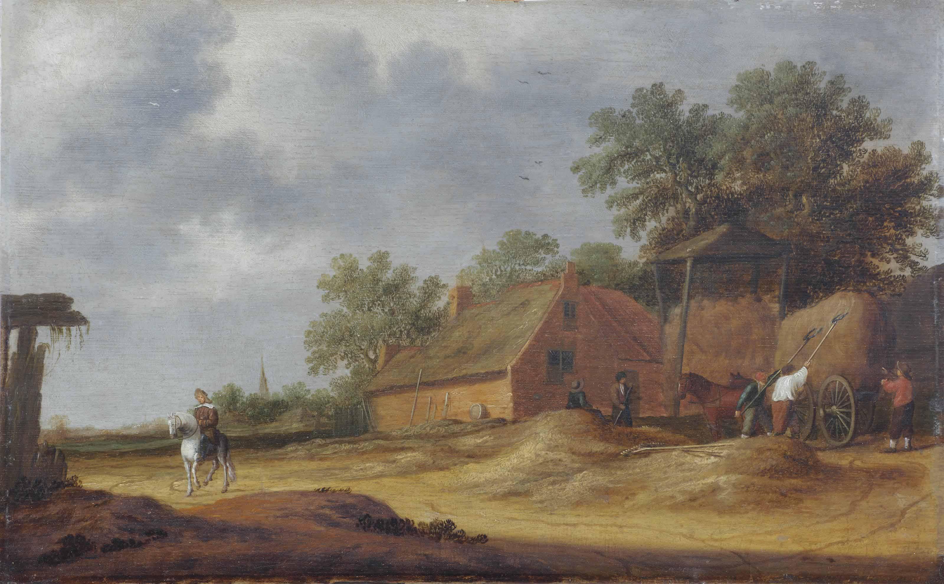 Pieter De Neyn - A dune landscape with farmers unloading a hay wagon near a farm house, a horseman on a sandy path to the left