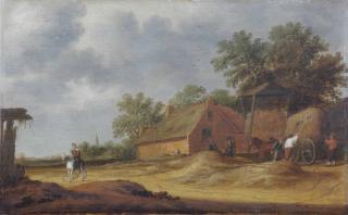 Pieter De Neyn - A dune landscape with farmers unloading a hay wagon near a farm house, a horseman on a sandy path to the left