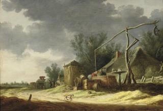 Pieter De Neyn - A dune landscape with peasants at a well near a cottage