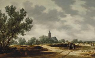 Pieter De Neyn - A dune landscape with two riders and other travelers on a country road