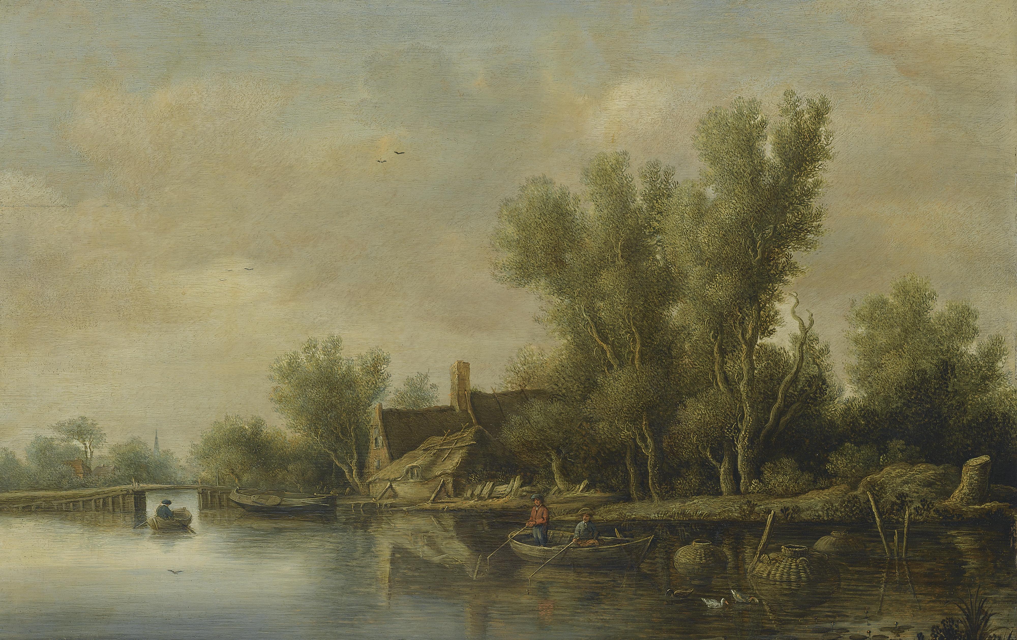 Pieter De Neyn - A River Estuary With Two Peasants Fishing In A Rowing Boat Near A Farmhouse
