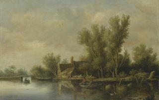 Pieter De Neyn - A River Estuary With Two Peasants Fishing In A Rowing Boat Near A Farmhouse