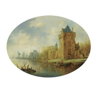 Pieter de Neyn - A River Landscape With A Fortified Town On The River Banks, Fishermen In The Foreground, Shipping Beyond  