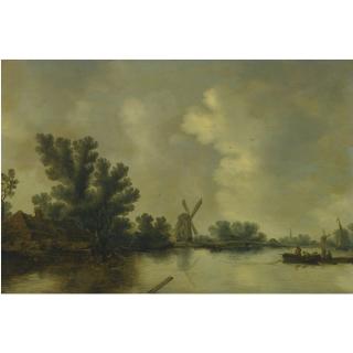 Pieter De Neyn - A River Landscape With Fishermen Casting Their Net, A Windmill Beyond