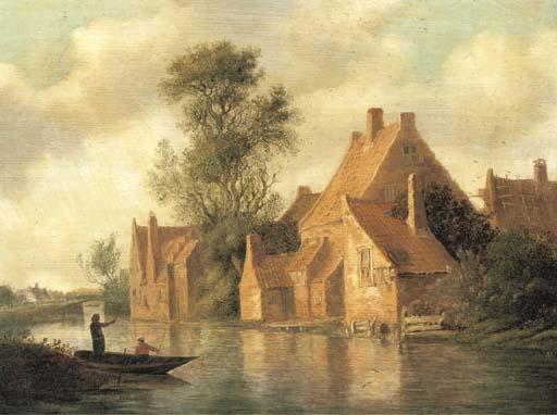 Pieter de Neyn - A river landscape with fishermen in a boat and cottages on an embankment