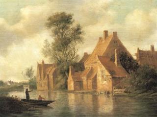 Pieter de Neyn - A river landscape with fishermen in a boat and cottages on an embankment