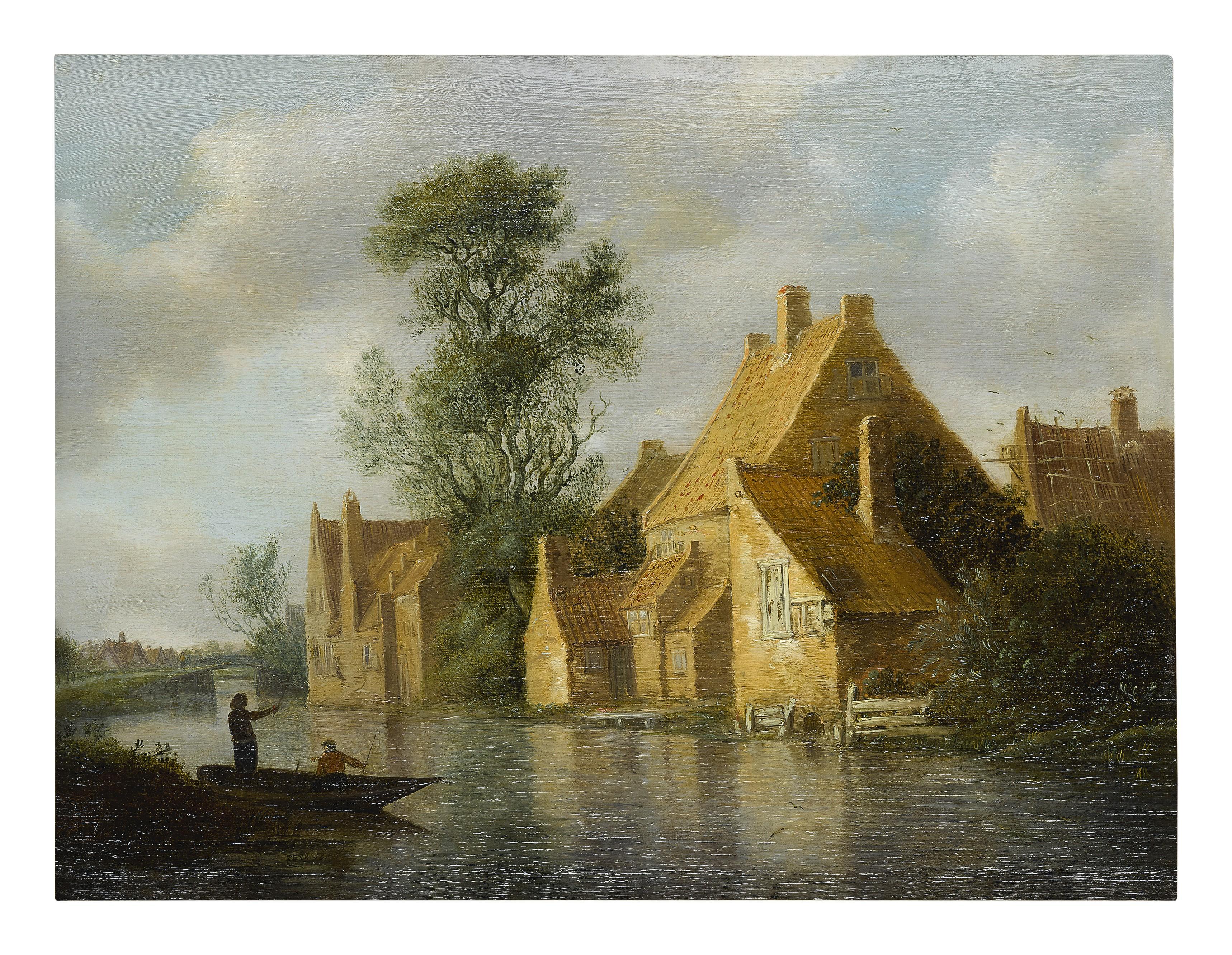 Pieter De Neyn - A River Landscape With Fishermen On A Boat And Cottages On An Embankment