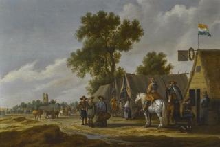 Pieter De Neyn - Horsemen And Travelers Standing In Front Of An Encampment, A View Of A Ruined Tower Beyond