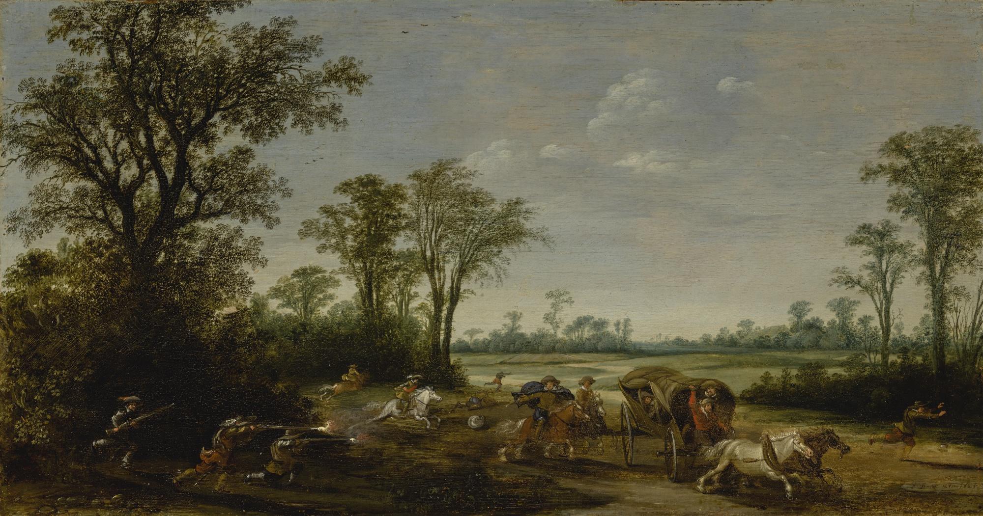 Pieter De Neyn - Landscape With Travelers Ambushed On A Road At The Edge Of A Forest
