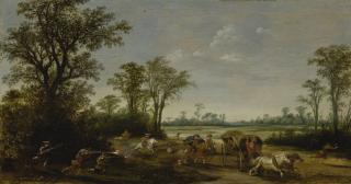 Pieter De Neyn - Landscape With Travelers Ambushed On A Road At The Edge Of A Forest