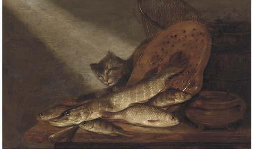 Pieter de Putter - A Cat, Dead Fish, Earthenware Pots And A Fishing Net On A Table