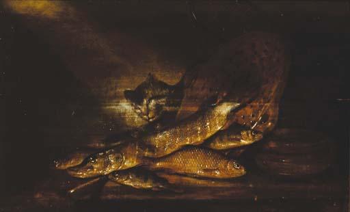 Pieter de Putter - A cat with a pike, perch and other fish and a colander on a ledge