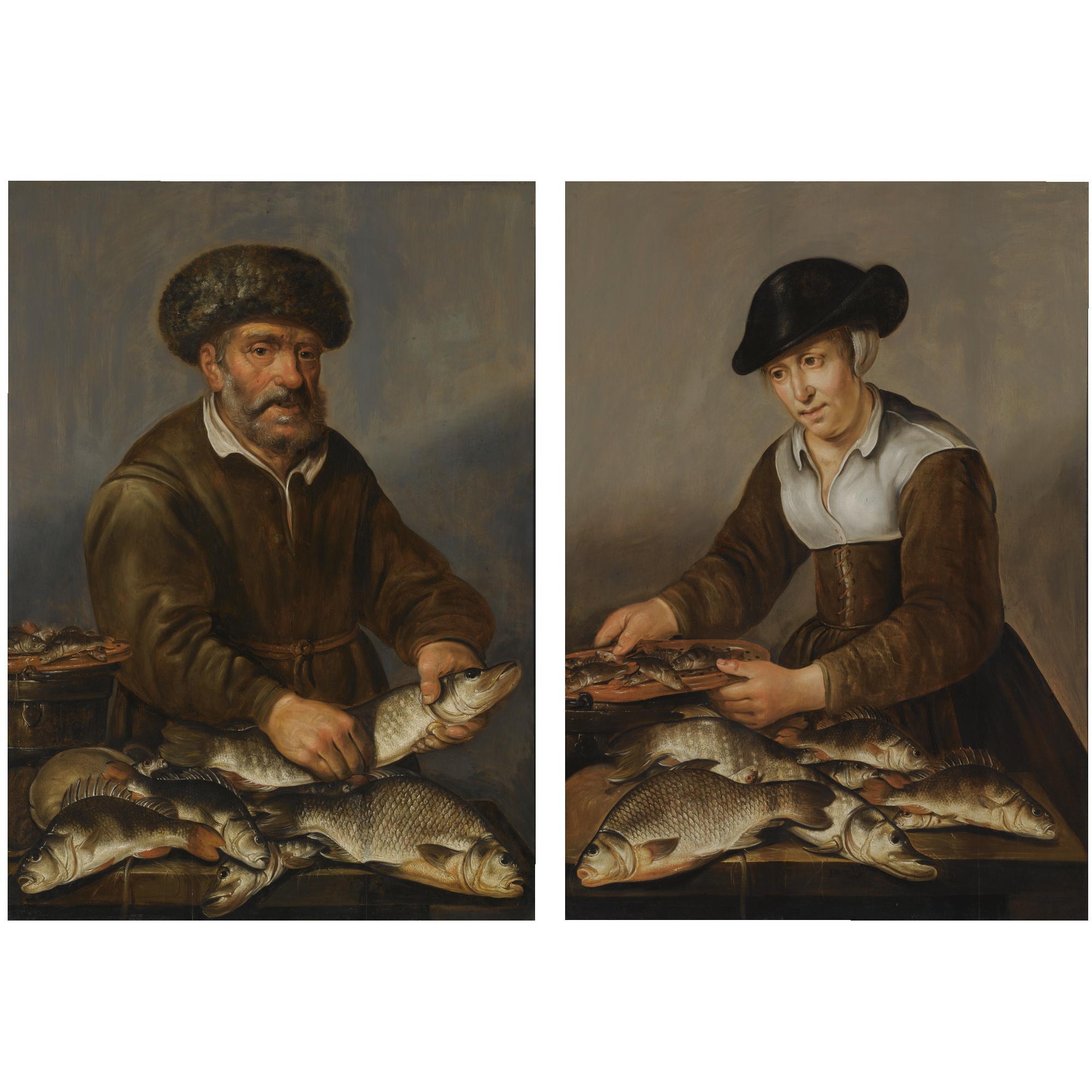 Pieter de Putter - A Fisherman Holding A Pike, With Bream, Perch And Other Freshwater Fish On A Table; A Fisherwoman Smoking Fish, With A Pike, Bream And Other Freshwater Fish On A Table