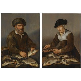 Pieter de Putter - A Fisherman Holding A Pike, With Bream, Perch And Other Freshwater Fish On A Table; A Fisherwoman Smoking Fish, With A Pike, Bream And Other Freshwater Fish On A Table