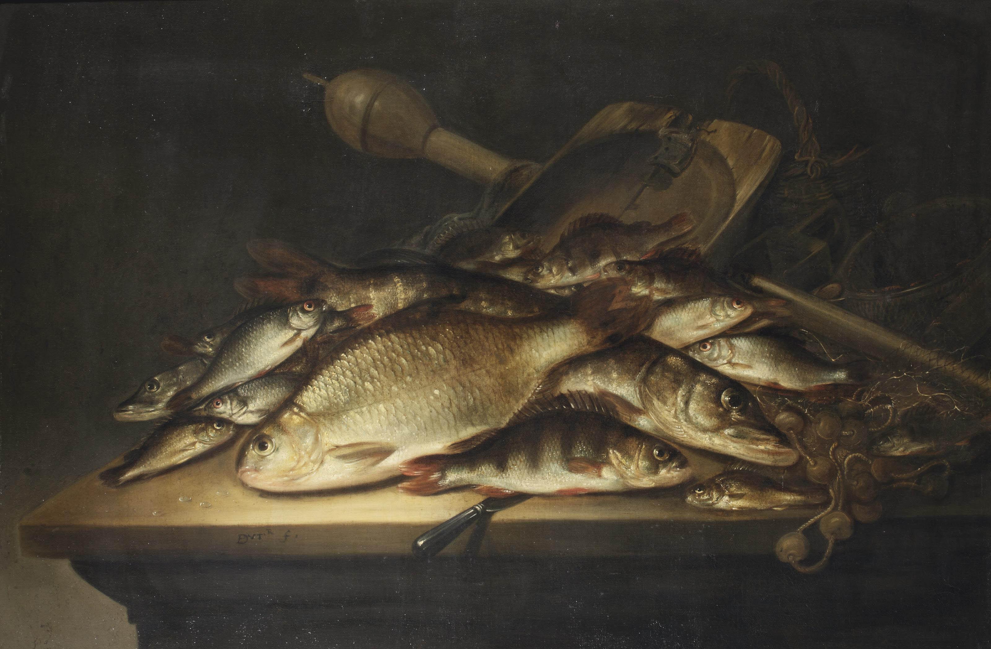 Pieter de Putter - A pike, a carp, a perch, and various other fish, nets and other fishing equipment on a table