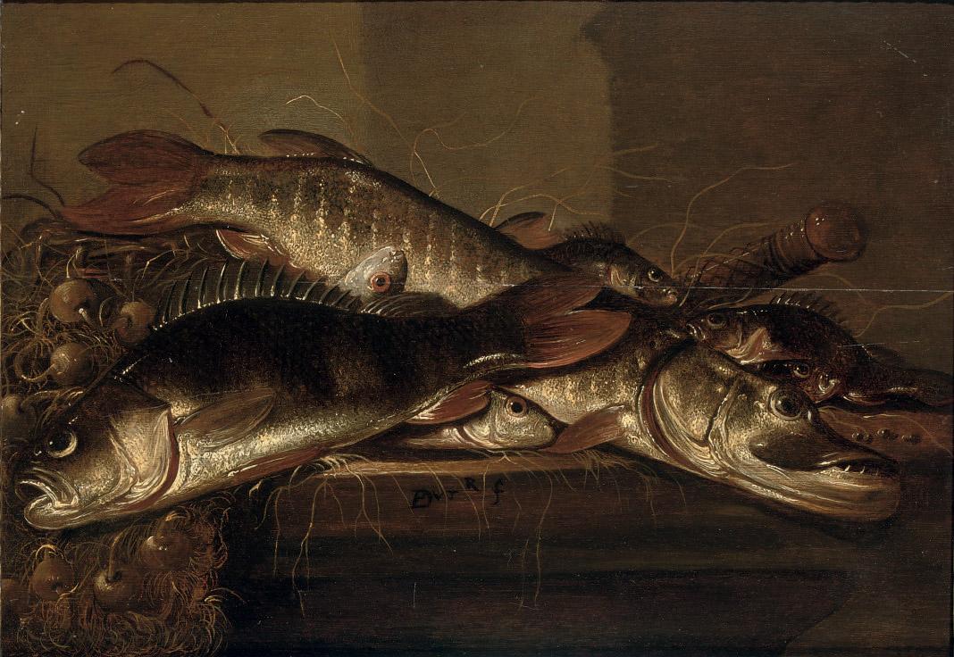 Pieter de Putter - A pike, perch and various other fish together with onions on a table
