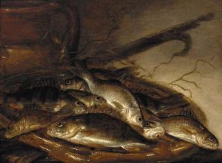 Pieter de Putter - Pike and perch on an earthenware dish