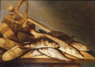 Pieter De Putter - Pike, rudd and perch with fishing-nets and a basket on a wooden ledge