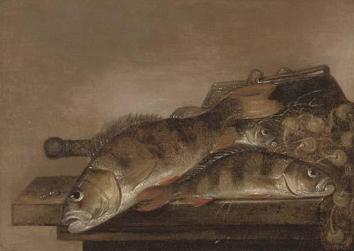 Pieter de Putter - Sea bream, a fishing basket and nets on a wooden table