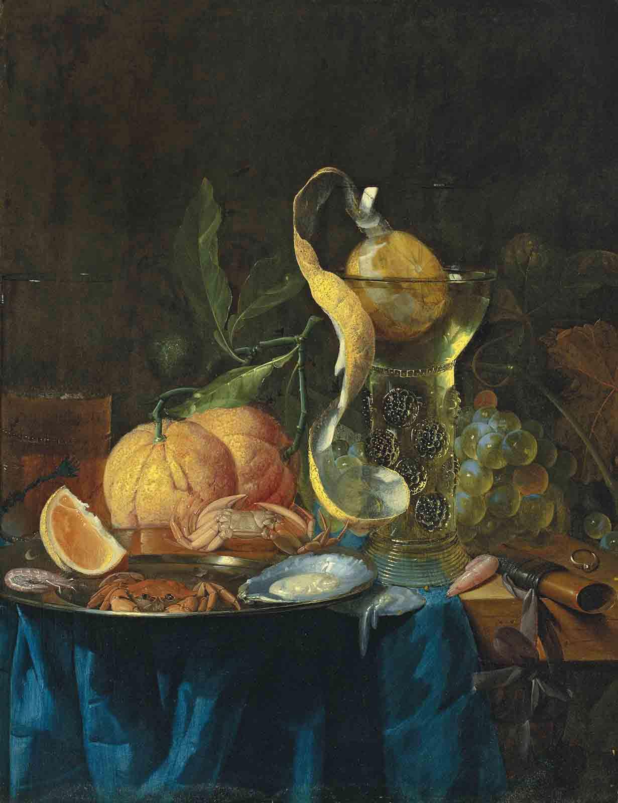 Pieter de Ring - A façon-de-Venise wine glass and a peeled orange, with oysters, crabs and shrimp on a silver platter, and oranges and grapes, on a partly draped wooden table