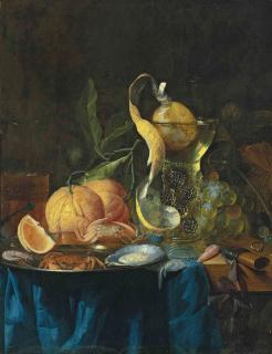 Pieter de Ring - A façon-de-Venise wine glass and a peeled orange, with oysters, crabs and shrimp on a silver platter, and oranges and grapes, on a partly draped wooden table