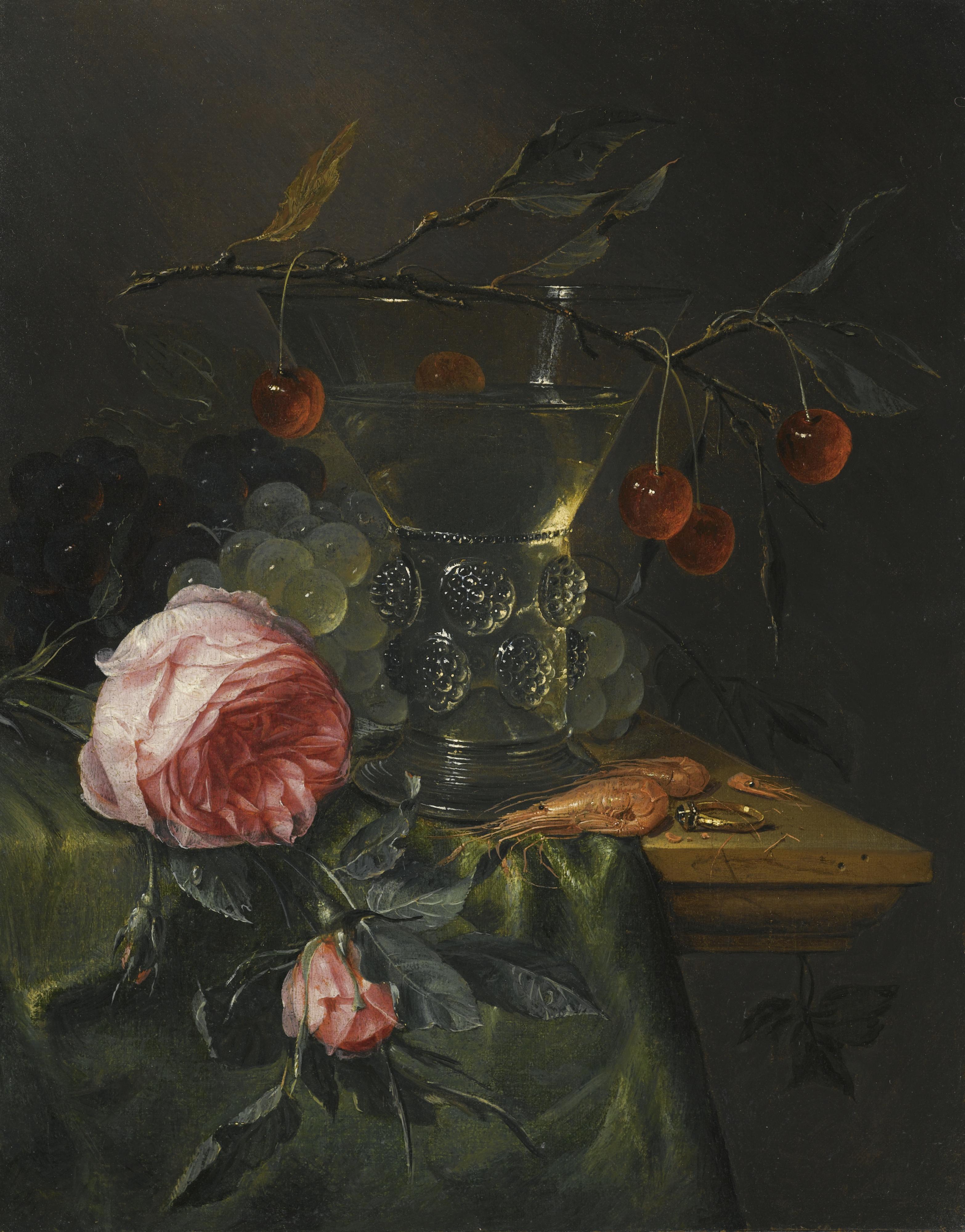 Pieter De Ring - A Still Life With A Cherry Branch Over A Half-Full Conical Roemer, Red And Green Grapes, Prawns, A Ring And Two Roses Over A Table Partly Draped By A Green Cloth