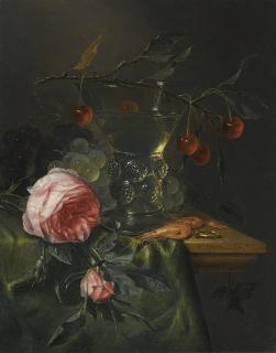 Pieter De Ring - A Still Life With A Cherry Branch Over A Half-Full Conical Roemer, Red And Green Grapes, Prawns, A Ring And Two Roses Over A Table Partly Draped By A Green Cloth