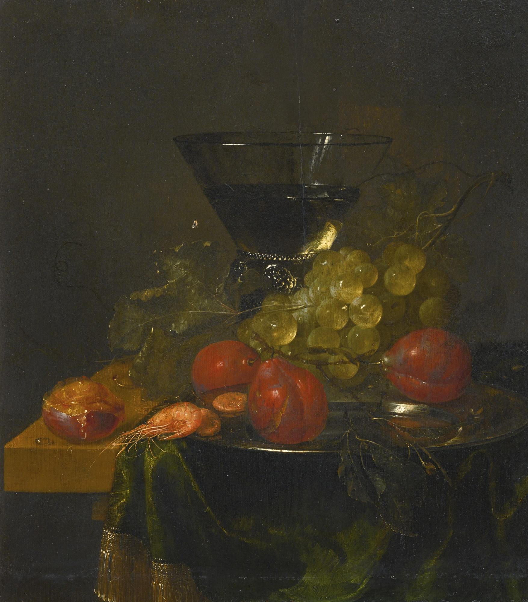 Pieter De Ring - Still Life Of A Glass, With Peaches, Shrimps And Grapes On A Pewter Dish