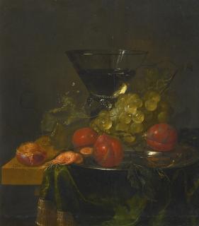 Pieter De Ring - Still Life Of A Glass, With Peaches, Shrimps And Grapes On A Pewter Dish
