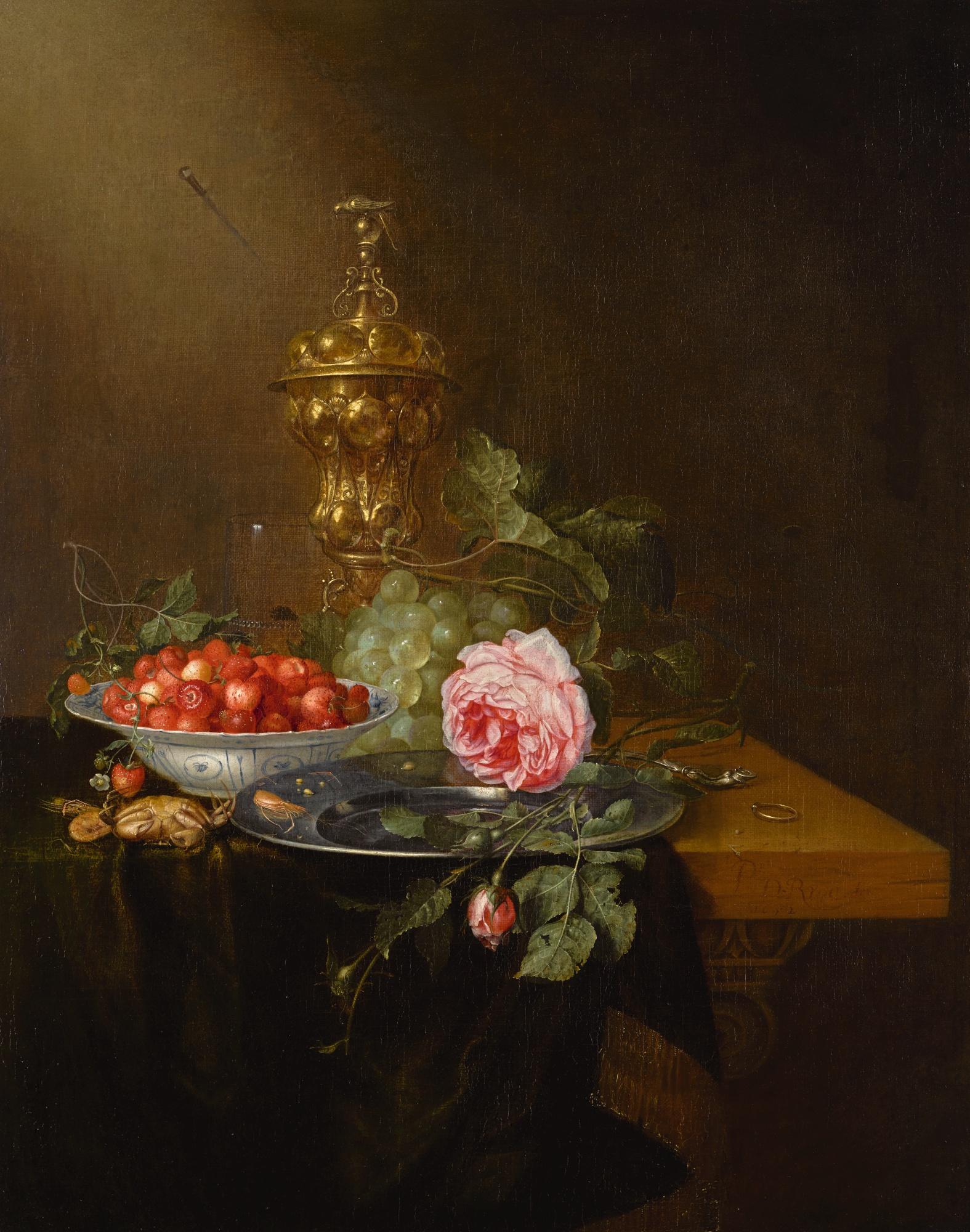 Pieter De Ring - Still Life With A Roemer, A Bowl Of Strawberries And Cherries, Grapes And A Rose