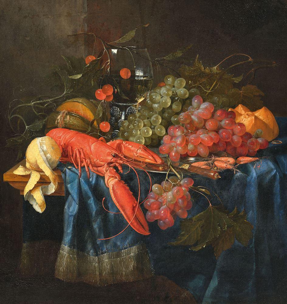 Pieter De Ring - Stillleben mit Hummer, Trauben, Melone, gepellter Zitrone und einem mit Wein gefüllten Römer auf einem Tisch.