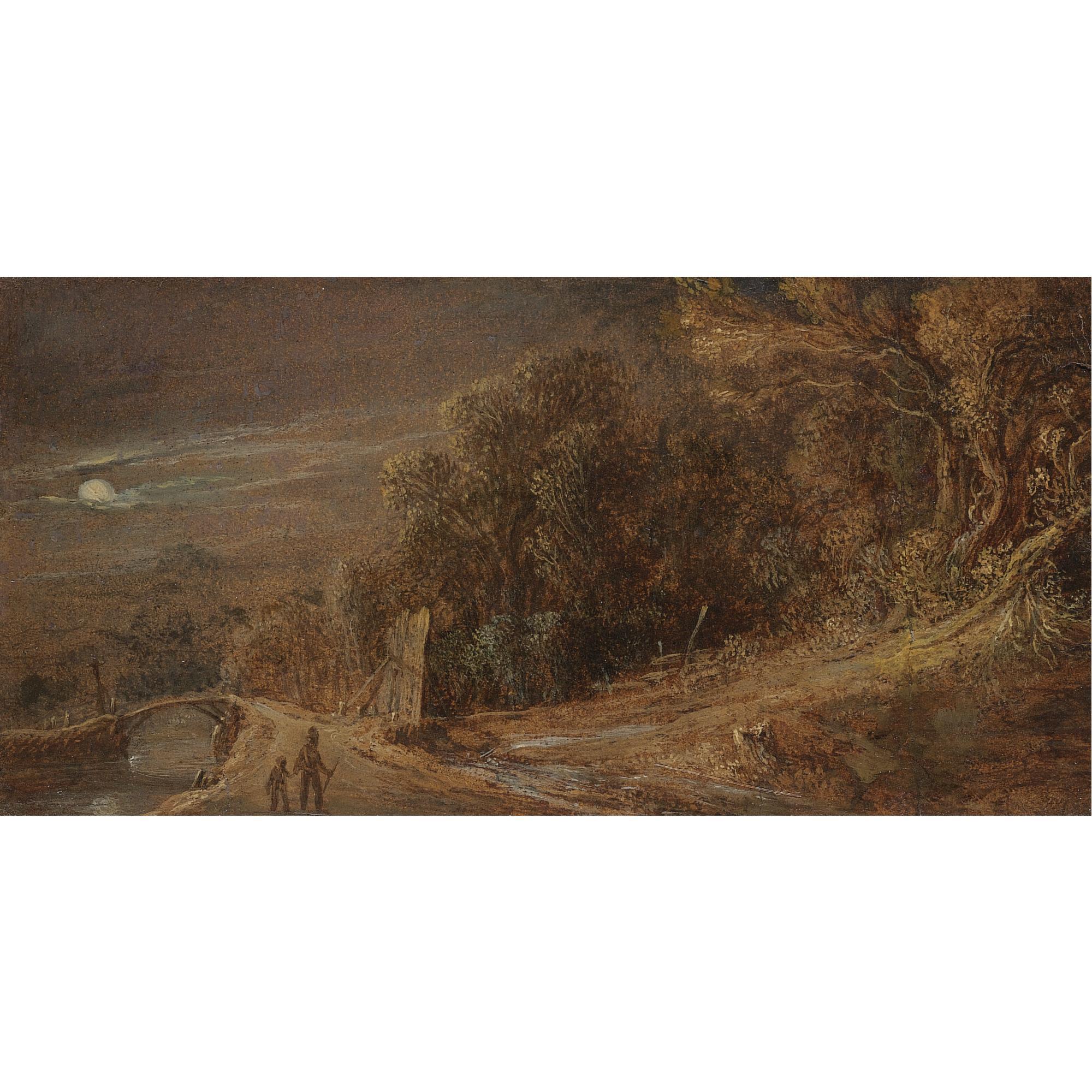 Pieter De With - Wooded Landscape By Moonlight, With A Man And Child Walking Towards A Bridge