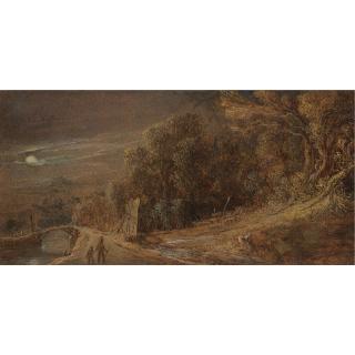 Pieter De With - Wooded Landscape By Moonlight, With A Man And Child Walking Towards A Bridge