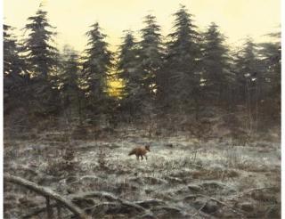 Pieter Dik - Fox in the snow at sunset